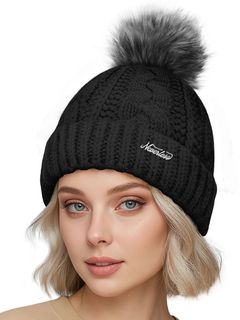 Damen Strick-Mütze gefüttert Fell-Bommel Kunstfell Winter-Mütze Bommelmütze Neverless®