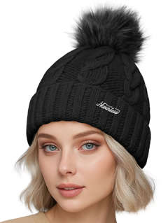 Damen Strickmütze mit Fleecefutter und Kunstfell Bommel Zopfmuster Grobstrick Wintermütze Bommelmütze Model 2207 Neverless®