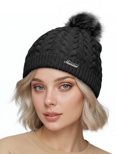 Damen Strickmütze mit Fleecefutter Pudelmütze Wintermütze Warm & Gefüttert mit Bommel Model 1975 Neverless®