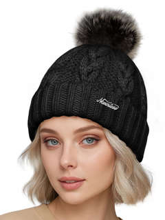 Damen Strickmütze mit Pompom Zopfstrickmuster Bommelmütze gefüttert mit Fleece Wintermütze Model 1979 Neverless®