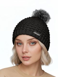Damen Strickmütze Perlstrickmuster Pudelmütze Wintermütze ohne Umschlag mit Fleecefutter und Kunstfellbommel Model 1978 Neverless®