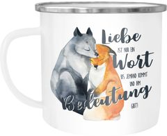 Emaille Tasse Becher Geschenk Liebe ist nur ein Wort Fuchs Liebe Spruch Liebessprüche Kaffeetasse für Verliebte Moonworks®