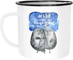 Emaille Tasse Becher Die Welt ist schön weil du mit drauf bist Geschenk Liebe Spruch Seehunde Robben Sterne Kaffeetasse Moonworks®
