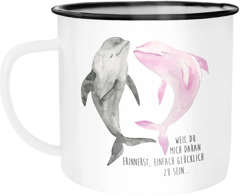 Emaille Tasse Becher Geschenk Liebe Spruch weil du mich daran erinnerst einfach glücklich zu sein Delfin Delphin Moonworks®