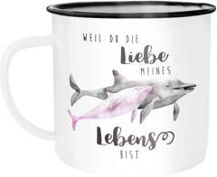 Emaille Tasse Becher Liebe meines Lebens Delfin Delphin Watercolor Liebe Spruch Geschenk Kaffeetasse Moonworks®