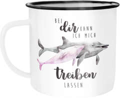 Emaille Tasse Becher Bei dir kann ich mich treiben lassen Delfin Delphin Liebe Spruch Liebesspruch Geschenk Weihnachten Valentinstag Moonworks®