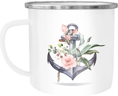 Emaille Tasse Becher Kaffee-Tasse Anker Blumen Watercolor Tee-Tasse Autiga®