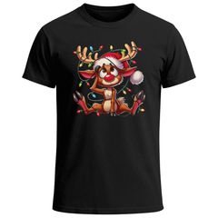 Herren T-Shirt Weihnachten Elch Rentier Lichterkette Weihnachtsshirt XMAS Männer Moonworks®
