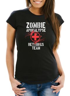 Damen T-Shirt Zombie Apokalypse Rettungsteam Fasching Halloween Verkleidung Horror Fun-Shirt Slim Fit Moonworks®
