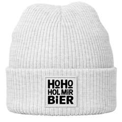 Damen Beanie Strickmütze Spruch Weihnachtsmann Santa Ho Ho Hol mir Bier Patch mit Aufdruck Moonworks®