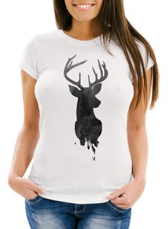 Damen T-Shirt Hirsch Geweih Kopf Deer Watercolor Polygon Tier Slim Fit Neverless
