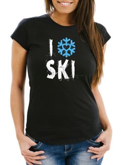 Damen T-Shirt I Love Ski Ich liebe Ski Wintersportler Ski-Fahrer Slim Fit Moonworks®