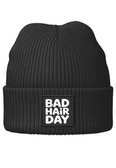 Herren Beanie Patch Bad Hair Day Spruch Aufdruck Wintermütze Streetwear Männer Moonworks®