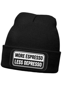 Herren Beanie Patch Strickmütze mit Spruch More Espresso Aufdruck Lustig Mütze Männer Moonworks®