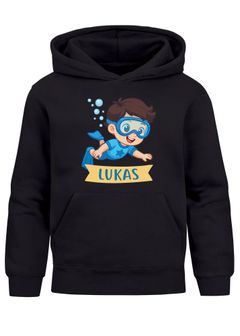 Kinder Hoodie Jungen mit Namen Geschenk Schwimmen Tauchen personalisiert Jungengeschenke Kapuzenpullover Grafik Print Comic Stil Moonworks®