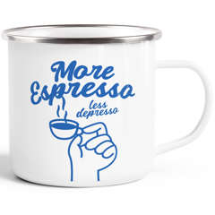 Emaille Tasse mit Kaffee Spruch – More Espresso less Depresso – Camping- & Outdoor-Tasse für Koffeinjunkies Moonworks®