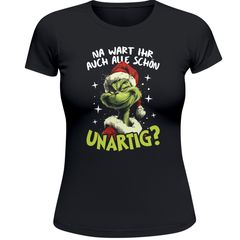Weihnachtsshirt Damen Spruch Na, wart ihr auch alle schön unartig T-Shirt Weihnachten Lustig Weihnachtsoutfit Frauen Moonworks®