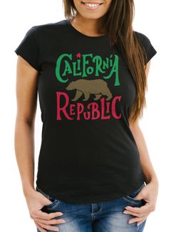 Damen T-Shirt California Republic Bär Grizzlybär Kalifornien Neverless®