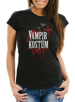 Damen T-Shirt Vampir-Kostüm Faschings-Shirt Halloween Karneval Fastnacht Fun-Shirt Kostüm-Shirt Slim Fit Moonworks®
