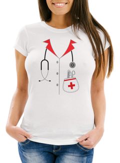 Damen T-Shirt Krankenschwester Ärztin Arzthelferin Fasching Karneval Kostüm Verkleidung Slim Fit Moonworks®