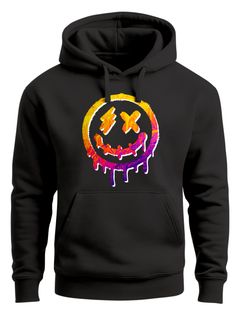 Hoodie Herren Print Drip Face Smile Neon Aufdruck Motiv Kapuzenpullover Techwear Fashion Streetstyle Neverless®