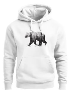 Hoodie Herren Print Bär Motiv Aufdruck Grafik Wald Bäume Outdoor Fashion Neverless®