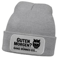 Damen Beanie Spruch Morgenmuffel Geschenkidee Strickmütze mit Spruch Ganz dünnes Eis Aufdruck Lustig Damenmütze Moonworks®