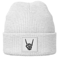 Herren Beanie Patch Aufdruck Skeletthand Metalgruss Strickmütze mit Grafik Print Männer Moonworks®