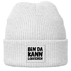 Damen Beanie mit Spruch Bin da kann losgehen Statement Wintermütze Feinstricke Patch Bedruckt Streewear Accessoire Moonworks®