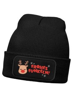 Wintermütze Kinder Mädchen Patch Rentier Rudolf Comicfigur Aufdruck Weihnachten Print Strickmütze MoonWorks®