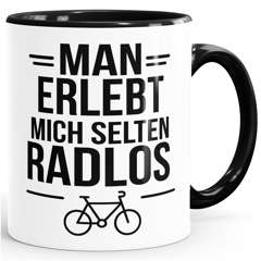 Tasse Spruch Spruch Fahrradfahrer Man erlebt mich selten radlos Statement Geschenkidee Bike-Freunde lustige Kaffeebecher MoonWorks®