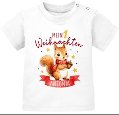 Baby Shirt Kurzarm Eichhörnchen Weihnachtsmotiv personalisiert Spruch Mein erstes Weihnachten XMAS Outfit Babyshirt SpecialMe®