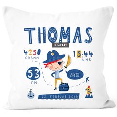 personalisierbares Kissen zur Geburt Pirat, Geburtskissen Jungen mit Namen, Geschenk Geburt Wunschname SpecialMe®