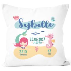personalisierbares Kissen zur Geburt, Meerjungfrau, Geburtskissen Mädchen, Namenskissen Geschenk Geburt Baby SpecialMe®