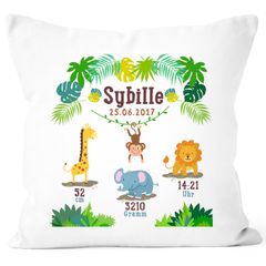 Geburtskissen Dschungel Safari Löwe Elefant Giraffe Namenskissen personalisierbares Kissen zur Geburt Junge Mädchen SpecialMe®