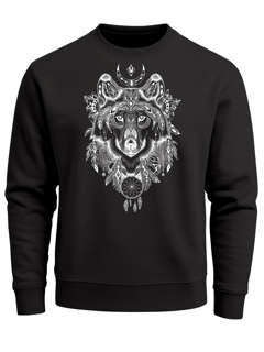Sweatshirt Herren Aufdruck Wolf-Motiv Print Boho Bohemian Ethno Style Rundhals-Pullover Neverless®