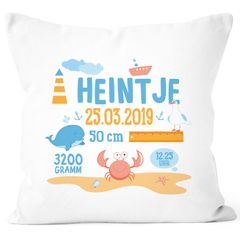 personalisierbares Kissen zur Geburt, Geburtskissen maritim See Krabbe Wal, Namenskissen Geschenk Geburt Baby SpecialMe®