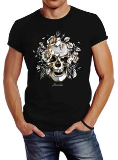 Herren T-Shirt Totenkopf Rosen Skull Roses Schädel Slim Fit Neverless®
