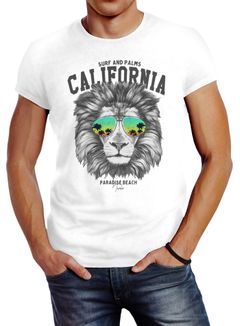 Herren T-Shirt Löwe Bär Sonnenbrille Palmen Summer California Slim Fit Neverless®