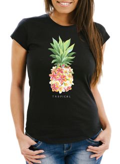 Damen T-Shirt Ananas Blumen Pineapple Flowers Tropical Summer Paradise Slim Fit tailliert Baumwolle Neverless®