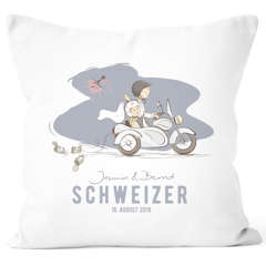 personalisierbares Kissen zur Hochzeit mit Namen und Datum Hochzeitspaar auf Moped Hochzeitsgeschenk Kissenhülle SpecialMe®