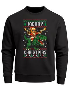 Sweatshirt Herren Weihnachtspullover Dino Katze Merry Christmas Aufdruck Weihnachtsoutfit Männer Moonworks®