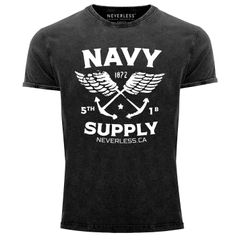 Neverless® Herren T-Shirt Vintage Shirt Printshirt Anker Navy Supply Used Look Slim Fit