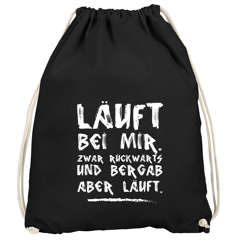 Turnbeutel mit Spruch Läuft bei mir, zwar rückwärts und bergab aber läuft Gymsac Moonworks®