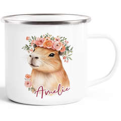 Kinder-Tasse Emaille personalisiert mit Name Capybara Blumenkranz Wasserschwein Geschenkidee für Kinder Mädchen SpecialMe®