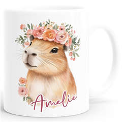 Kindertasse personalisiert mit Name Capybara Blumenkranz Wasserschwein Aufdruck für Kinder Mädchen SpecialMe®