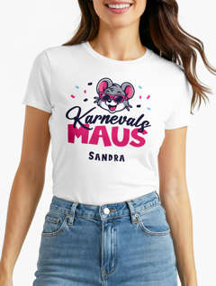 Damen T-Shirt Karnevalsmaus personalisiert mit Name Fasching Karneval Kostüm-Ersatz Last Minute Verkleidung Slim Fit Moonworks®