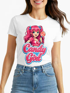 Damen T-Shirt - Candygirl Manga Cartoon - Fasching Karneval Ersatz Verkleidung Last Minute Kostüm Funshirt Slim Fit Moonworks®