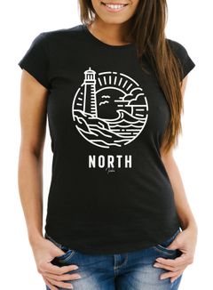 Damen T-Shirt Logo Outline Art maritim Leuchtturm Welle Aufdruck North Slim Fit Neverless®