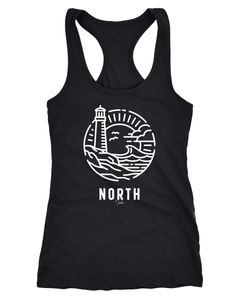 Damen Tank-Top Logo Outline Line Art maritim Leuchtturm Welle Aufdruck North Racerback Neverless®
